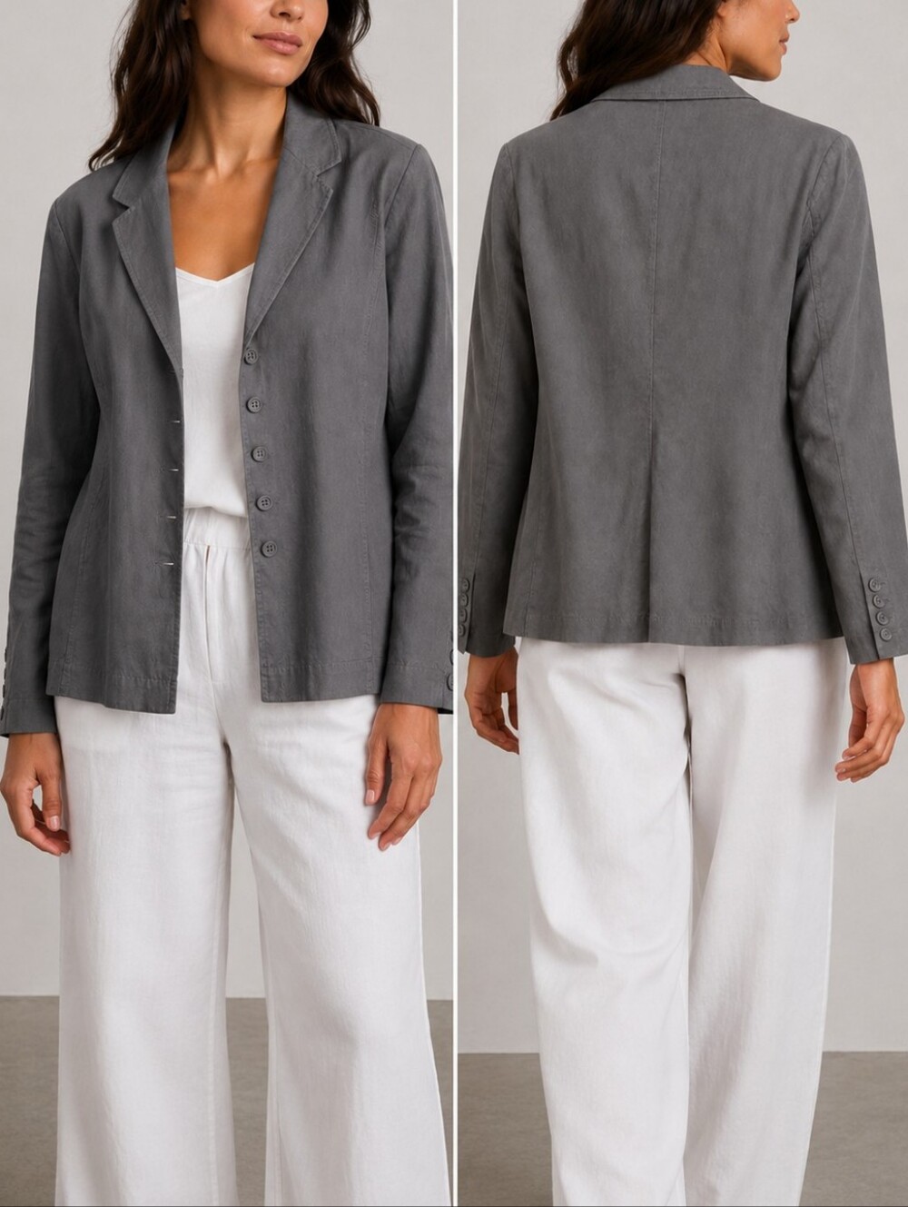 Eileen Fisher Linen Button Front Dark Gray Blazer Jacket Women Size Medium